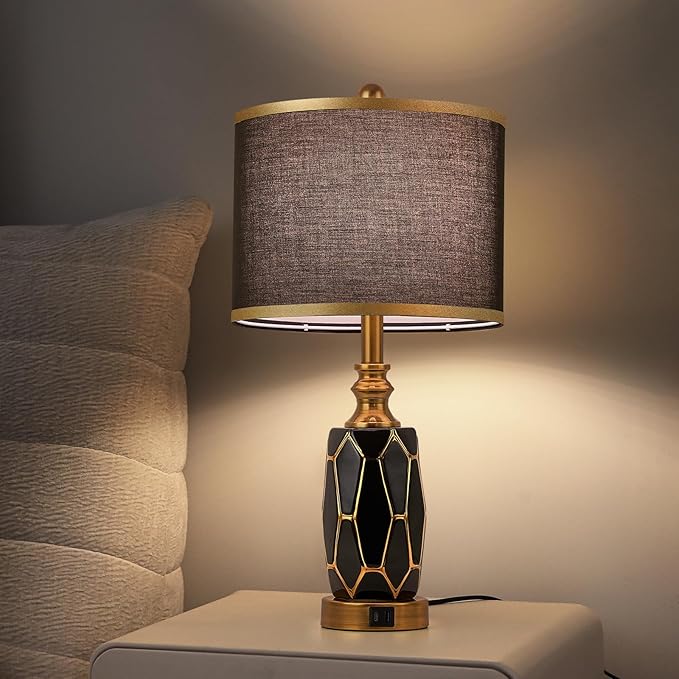 Set of 2 Touch Control Table Lamps for Bedroom Livingroom,Modern Ceramic Table Lamp with USB Ports,Bedside Nightstand Lamp with Fabric Drum Lampshade,Blubs Included (Black)