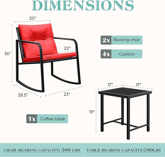 Greesum 3 Pieces Rocking Wicker Bistro Set, Patio Outdoor Furniture Conversation Sets with Porch Chairs and Glass Coffee Table, Red