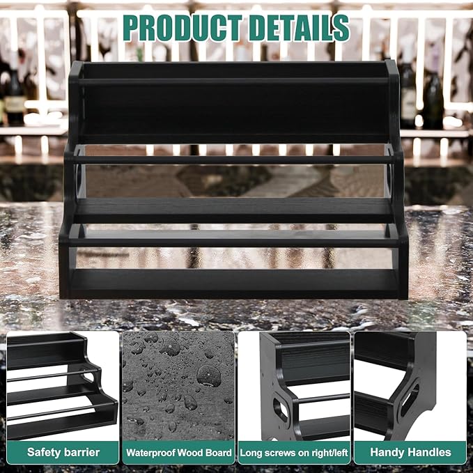 AT-VALY 3-Tier Spice Rack, Iron & MDF Kitchen Storage Shelf, Space-Saving Countertop Organizer for Spices, Herbs, Seasonings, Sturdy Stylish Condiment Holder (Black Grain)