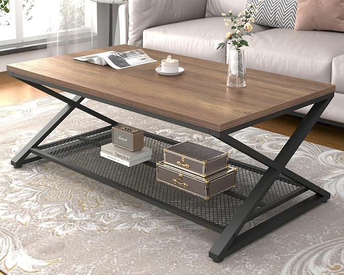 LVB Wood Coffee Table, Metal Wooden 2 Tier Center Tables with Storage, Industrial Cocktail Table with Shelf for Living Room, Farmhouse Rectangle Middle Table for Office Bedroom, 47 inch, Rustic Oak