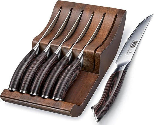 Steak Knives Set of 7, 4.5 Inch Serrated Steak Knife Set with Block, Japanese High Carbon Steel Kitchen Steak Knives with Ergonomic Handle