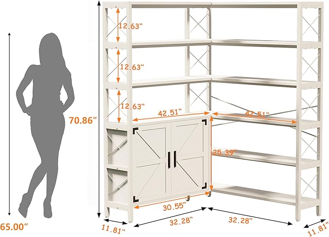 Corner Bookshelf 6 Tier, Large White Wooden Bookcase for Corner,Farmhouse Etagere L Shaped Book-Shelf with Metal Frame & Cabinet for Living Room Home Office