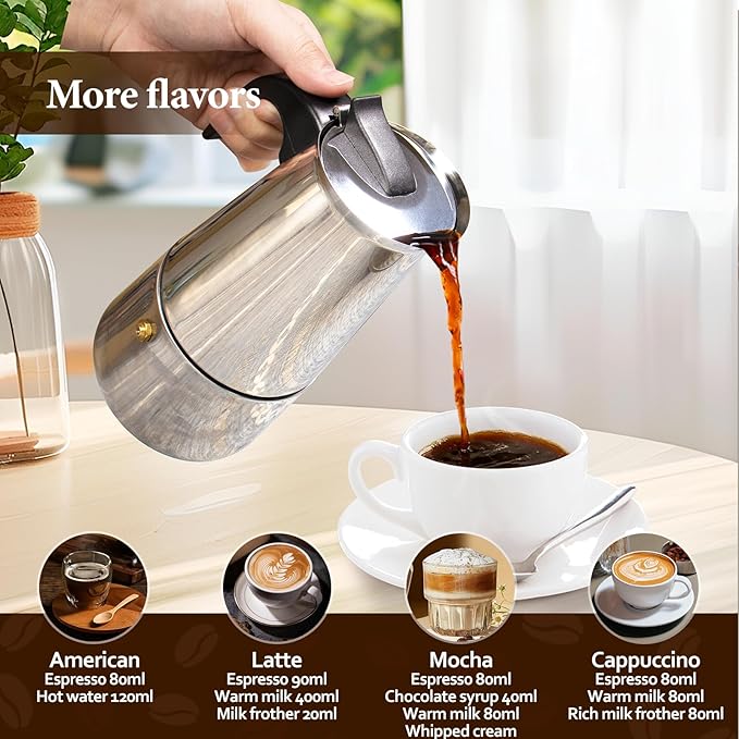 2 Cup Moka Pot Percolator Italian Coffee Maker 100ml Stovetop Espresso Mocha Stainless Steel Greca Coffee Maker Classic Cafe Makers Suitable for Induction Cookers Ceramic Stoves Straight