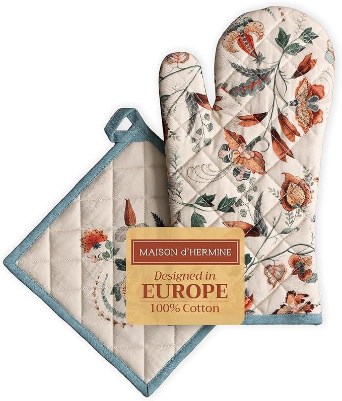 Maison d' Hermine 100% Cotton Oven Mitt & Pot Holder Set (7.5"x13" & 8"x8") Heat Resistant BBQ Cooking Gloves with Loop for Thanksgiving Christmas Decorations Handling Hot Pans (Dalida)