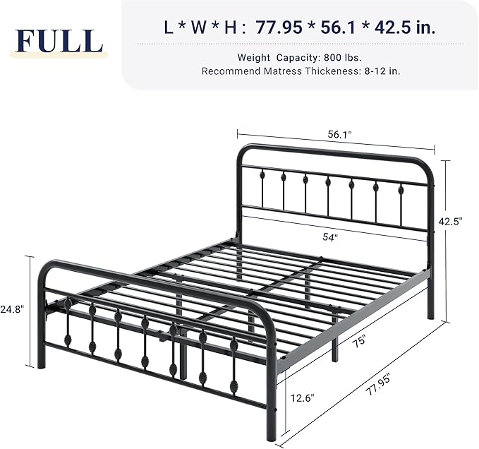 Allewie 14 Inches Full Size Metal Platform Bed Frame with Victorian Style Iron-Art Headboard/Footboard, Mattress Foundation, Easy Assembly, Under Bed Storage, No Box Spring Required, Black