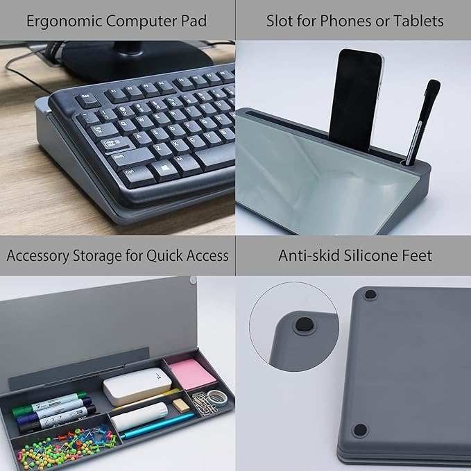 TOWON Small Tilted Desktop Glass Whiteboard, Notepad Computer Keyboard Stand with Dry Erase Board Surface, Desk Organizers with Accessories for Office, Home, School Supplies, Gray, 17 x 6 Inches