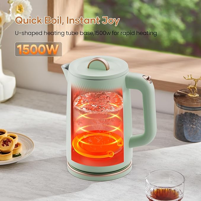 OLEGA Electric Kettle - 1500W Electric Tea Kettle 1.8L Stainless Steel Inner Electric Kettles for Boiling Water Auto Shut Off Boil-Dry Protection Electric Water Kettle for Coffee Tea Green