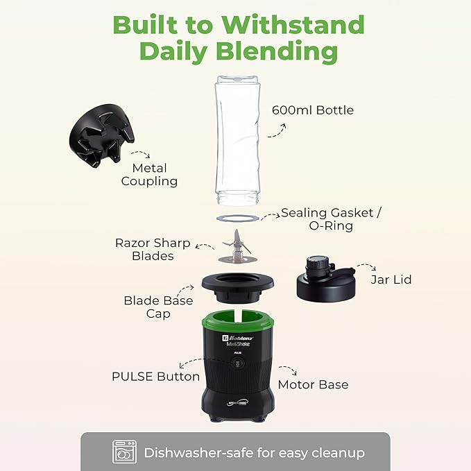 Koblenz Mix&Shake Blender, 20 oz Portable Blender, 600W Motor, Pulse, ON/OFF Functions, Stainless Steel Blades, Shakes, Sauces, Smoothie Maker, (1) 20 oz To-Go Bottle, Black, MSKM-600 N