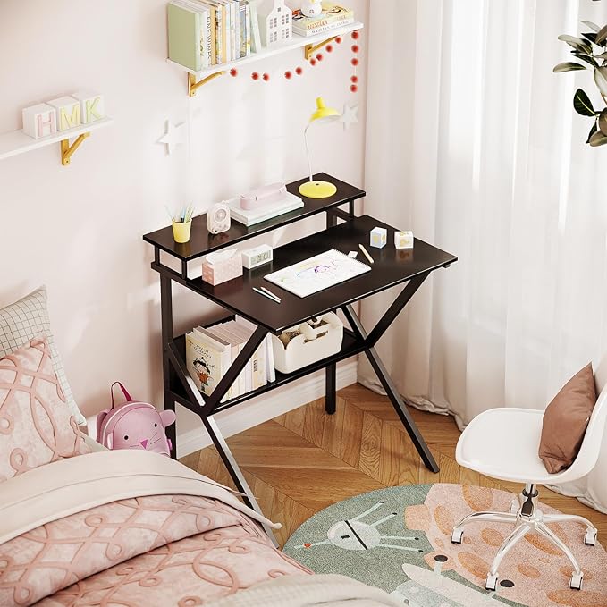 ODK Small Desk, 27.5 Inch Computer Desk for Small Spaces, Compact Desk with Storage, Study Table with Monitor Stand for Home Office, Black