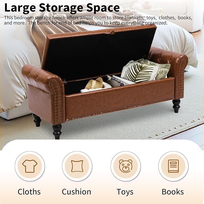 Storage Ottoman Bench with Arms, Faux Leather End of Bed Bench for Bedroom, Button Tufted Storage Bench for Entryway, Living Room, Large Storage Bench Foot Rest (New Brown)