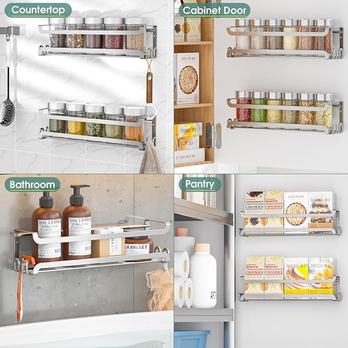 LUCYCAZ 4 Pack Wall Mounted Spice Rack with 16 Hooks, Spice Organizer Shelf for Stove Cabinet Pantry Door,Screw or Adhesive Spice Shelf Hanging Wall Spice Rack in Kitchen and RV (Silver, 4 PACK)