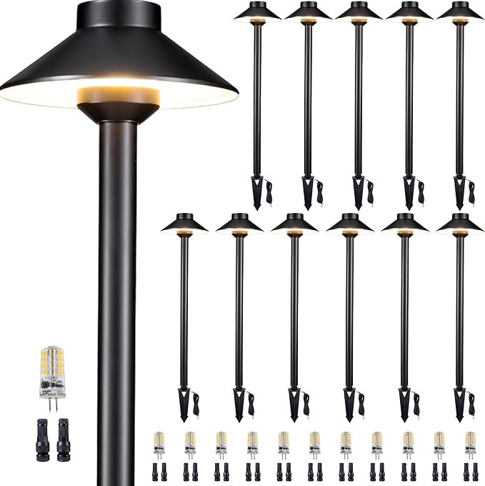 Low Voltage Landscape Sidewalk Lighting, Solid Brass Pathlights, LED Driveway Warm Light Waterproof, Hat Shaped 12V Wired Black for Walkway Garden with 3W 270LM 3000K G4 Bulb (12 Pack)