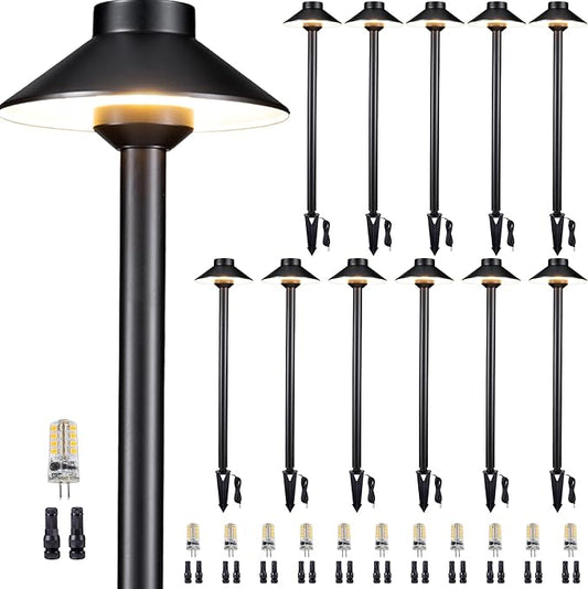 Low Voltage Landscape Sidewalk Lighting, Solid Brass Pathlights, LED Driveway Warm Light Waterproof, Hat Shaped 12V Wired Black for Walkway Garden with 3W 270LM 3000K G4 Bulb (12 Pack)