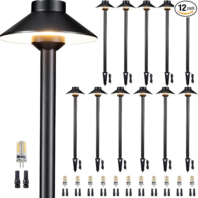 Solid Cast Brass Pathway Light - 12v Landscape Path Lights Outdoor Waterproof, Electric Walkway Lamp Wired, Hat Shape Black Garden Decorations with 3W 2700K Warm White G4 Bulb (12 Pack)