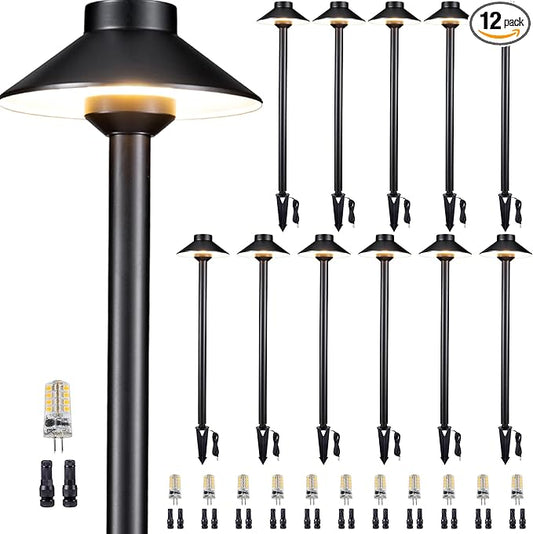 Solid Cast Brass Pathway Light - 12v Landscape Path Lights Outdoor Waterproof, Electric Walkway Lamp Wired, Hat Shape Black Garden Decorations with 3W 2700K Warm White G4 Bulb (12 Pack)