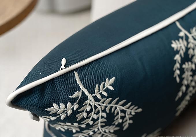 VAGMINE Embroidered Leaves Throw Pillow Cover - 20x20 Inches Square - 100% Cotton Teal Decorative Cushion Cover - Luxurious Embroidery Pattern - Vibrant Boho Accent for Sofa, Bed, Chair, Living Room