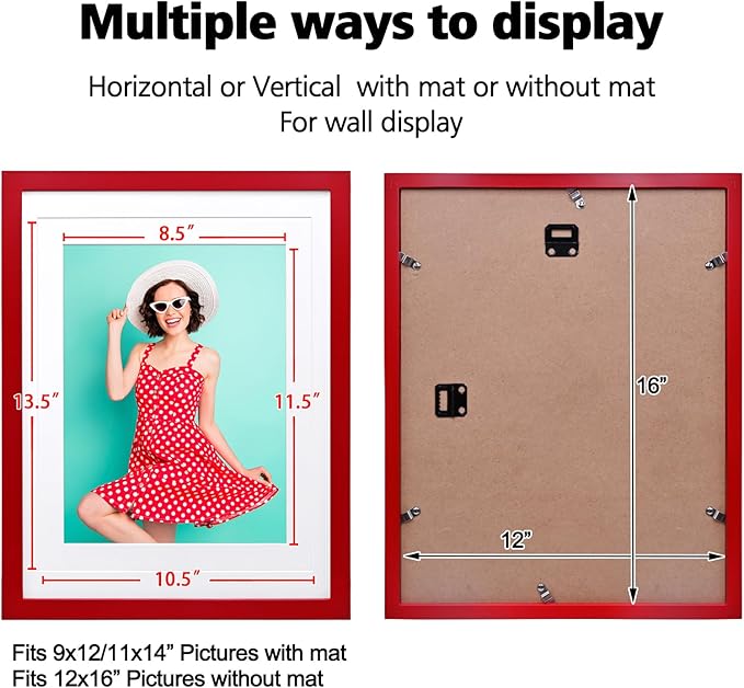 KINLINK 12x16 Picture Frame Red, Solid Wood Frames with Acrylic Plexiglass for Pictures 11x14/9x12 with Mat or 12x16 without Mat, Wall Display Photo Frame, Set of 4