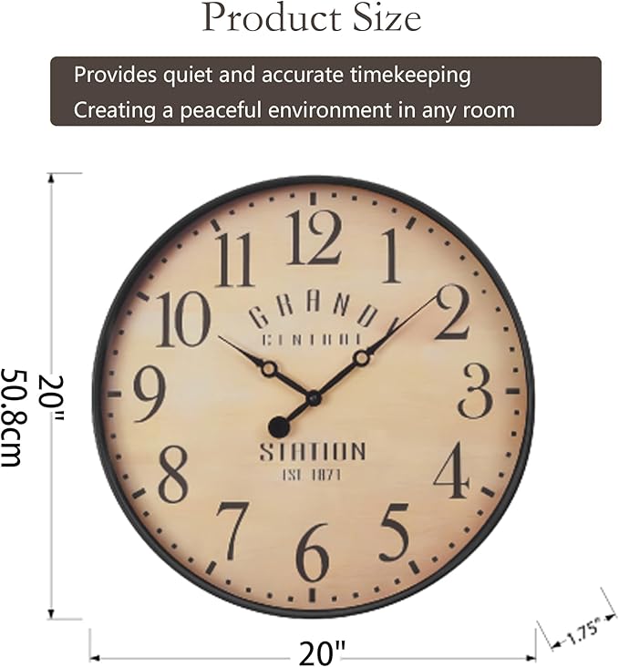 16 Inch Vintage Wall Clock, Silent Non-Ticking Quartz Battery Operated Decorative Clock for Home, Kitchen, Living Room, Dining Room, Office, Brown Arabic Number