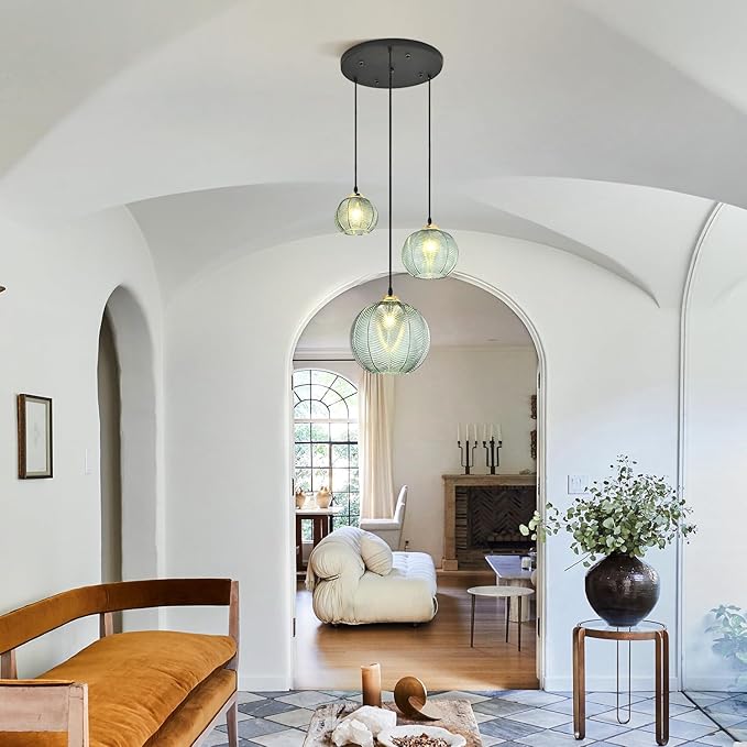 KCO Lighting Vintage Green Glass Chandelier 3 Light Pendant Light Fixtures Farmhouse Striped Glass Pendant Light Gold and Black Hanging Lights Multi Light Cluster Pendant Lighting