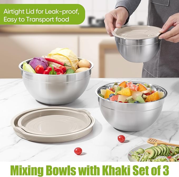 P&P CHEF Khaki Mixing Bowls with Lids, Set of 3, Stainless Steel Salad Nesting Bowl for Mixing, Storing, Prepping, Airtight & Stackable, Size 4.6/3 /1.5 QT