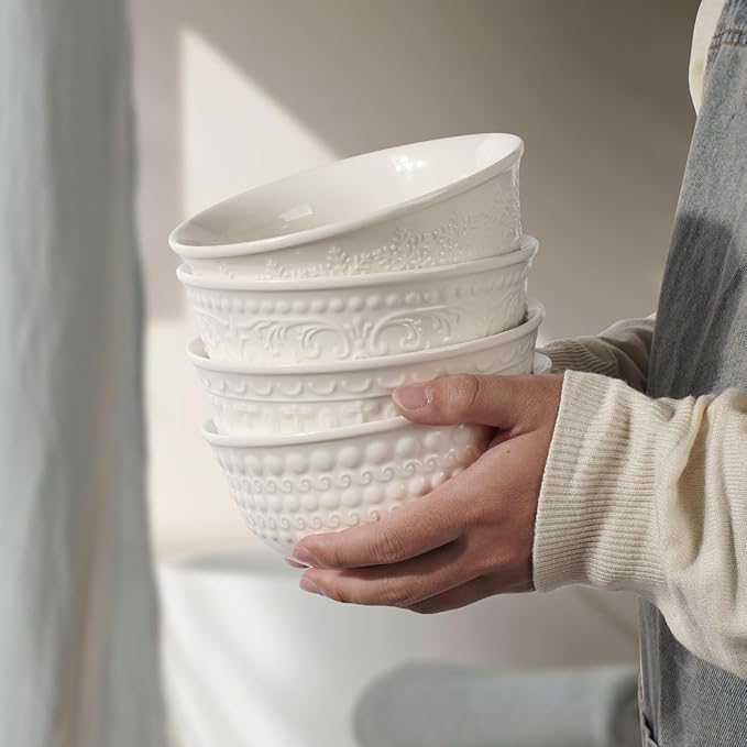 Cereal Bowls Set of 4 - Ceramic Soup Bowls for Kitchen 30 Oz Embossment White Breakfast Bowls for Rice, Pasta, Fruits, Salad, Ramen, 6.25 Inch, Dishwasher & Microwave Safe (Multiple Patterns)