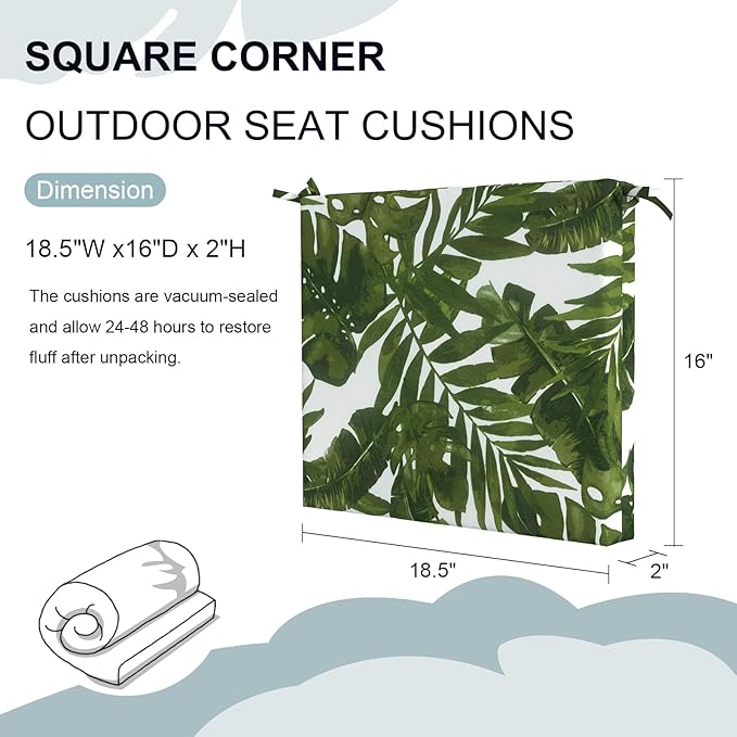 Set of 2 Outdoor Square Chair Cushions 18.5"x16"x2" for Patio, Water Resistant Patio Dining Seat Pads Replacement for Kitchen Garden and Outdoor Furniture Decoration - Palm Green