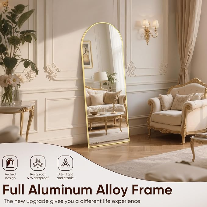 Arched Full Length Mirror 64"x21", Gold Tempered Glass Wall Hanging Mounted Body Length Mirrors with Stand, Large Floor Aluminum Alloy Thin Frame
