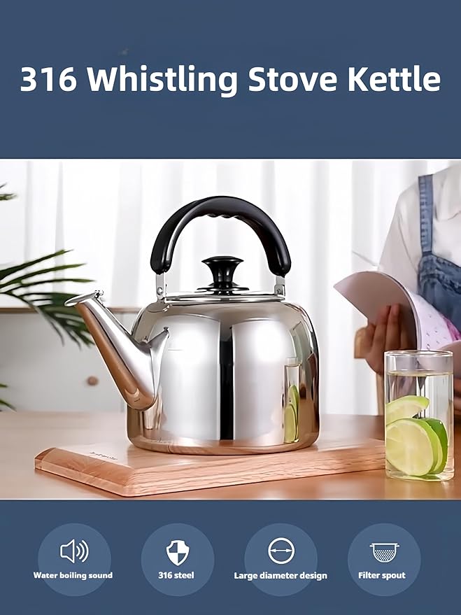 Whistling Stovetop Tea Kettle,Food Grade 316 Stainless Steel,Hot Water Fast to Boil,Stovetop Kettle with Ergonomic Handle,4.2 Quart Capacity
