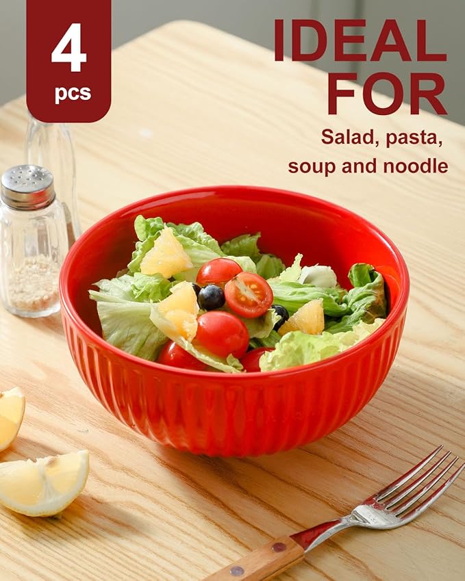 Hasense Large Ceramic Serving Bowls 42 Oz - 7 Inch Salad Bowl Set of 4 for Kitchen,Modern Ribbed Porcelain Dishes for Entertaining,Soup,Pho,Pasta,Cereal, Noodle - Dishwasher & Microwave Safe, Red