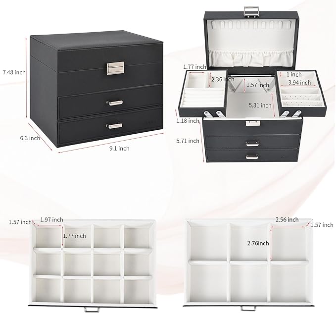 Dajasan Jewelry Boxes for Women Girls, Jewelry Organizer Box, 4 Layers Large Jewelry Storage Organizer for Earring, Ring, Necklace, Bracelets (Black)