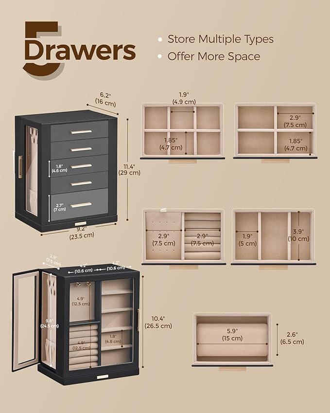 360° Rotating Jewelry Box with 5 Drawers, Spacious Vertical Jewelry Organizer with Glass Window, Jewelry Storage Case, Dustproof & Moisture-resistant Design, Black