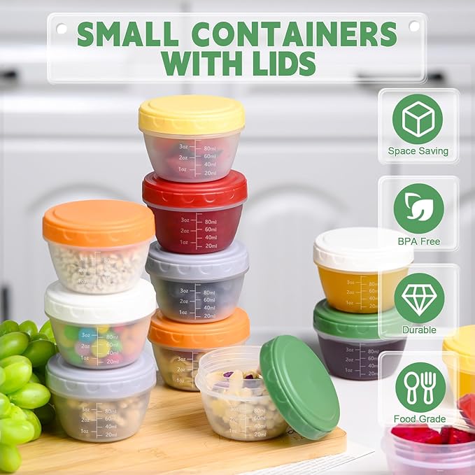 12pcs 4 oz Small Plastic Containers with Lids, Reusable 1/2 Cup Small Food Storage Containers, Leakproof, Microwave Dishwasher Freezer Safe