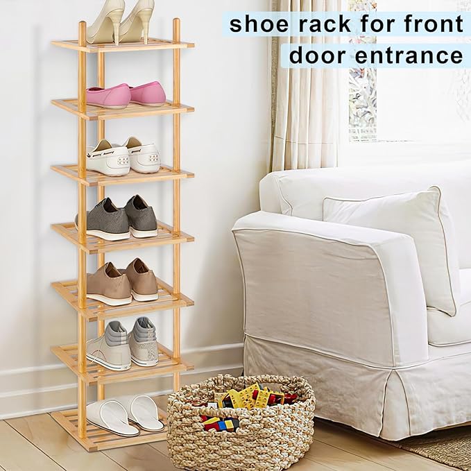 7-Tier Shoe Rack for Closet, Shoes Organizer Free Standing Shelf Entryway and Closet Hallway, Small Space Stackable Bamboo Multifunctional Racks Shoe Storage