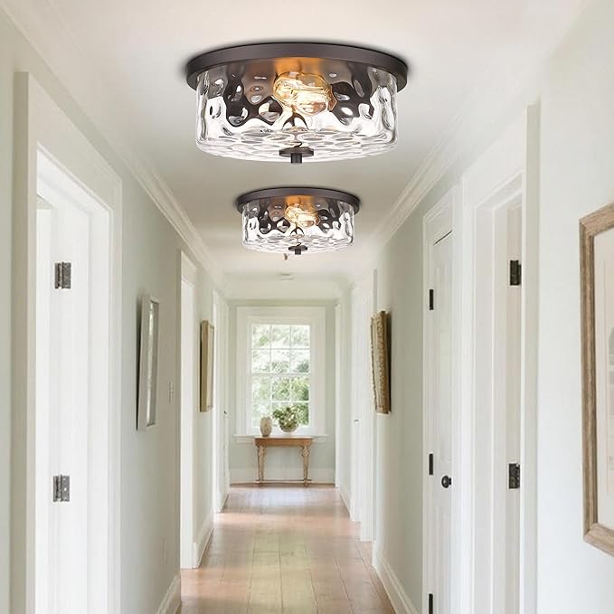 Indoor Flush Mount Lights, 2-Light Interior Hammered Glass Ceiling Fixture, Antique Bronze for Hallway, Dining Room, Kitchen