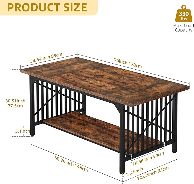 DWVO 70.8" Large Kitchen Dining Table for 6-8 People, Farmhouse Industrial Kitchen Table with Storage, Rectangle Apartment Dinning Room Dinette Tables for Eating Dinner, Rustic Brown