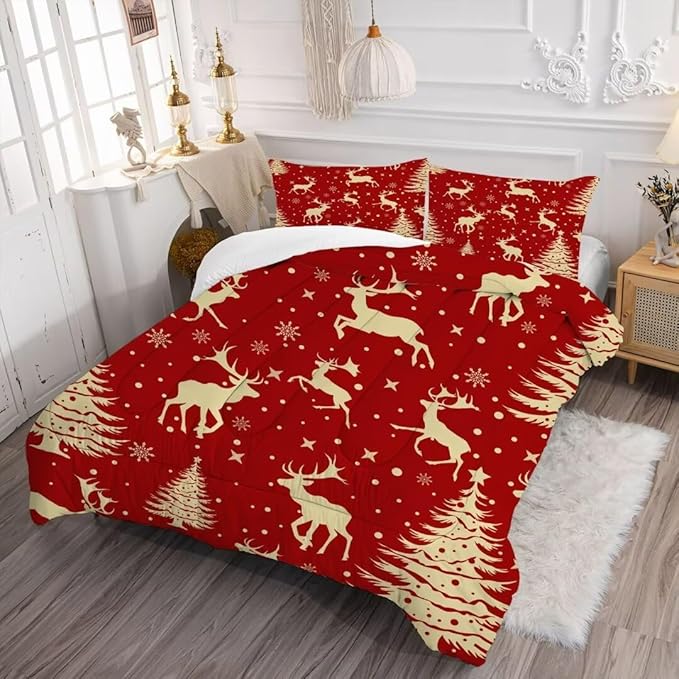 Red Kids Christmas Elk Comforter Set Women Girls Comforter Set Queen Microfiber Christmas Bedding Set Teens Girls Women Bedroom Bed Bedspread New Year Decorations for Home