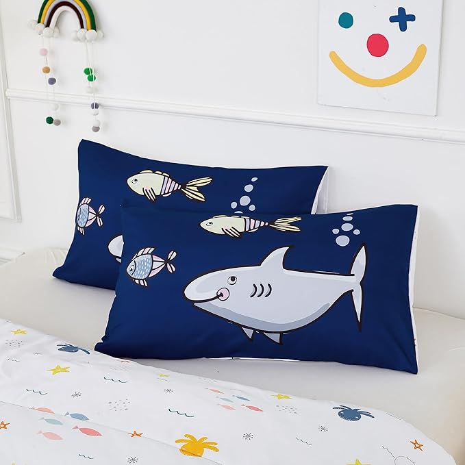 RYNGHIPY Kids Bedding Set for Queen Bed Reversible Ocean Animals Print Comforter Set for Boys Girls Easy-Wash Super Soft Microfiber Bed Set (Navy Ocean,Queen)