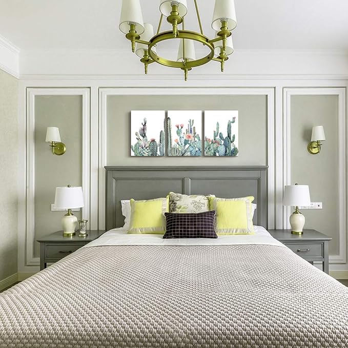 Canvas Wall Art for bedroom living room Canvas Prints Artwork bathroom Wall Decor Green plants cactus flower watercolor painting 16" x 24" 3 Pieces modern Framed Ready to hang Office Home Decoration