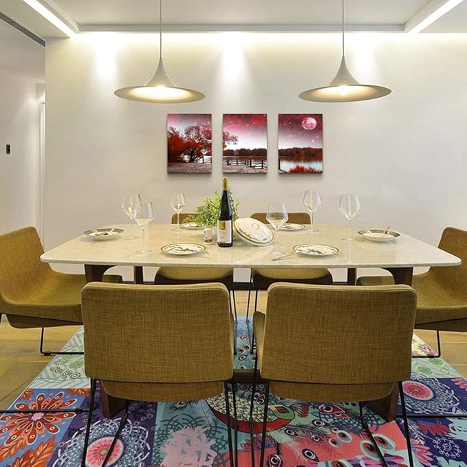 Wall Art Decor Poster Living Room abstract Red Tree Moon Starry Sky red Landscape Painting Bathroom Wall Art Bedroom Canvas Prints 3 Pieces Picture Works Ready to Hang Office Home decoration Artwork