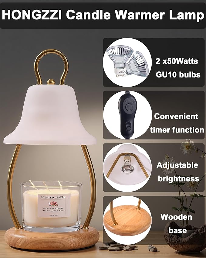 Candle Warmer Lamp with Timer & Dimmer - Electric Candle Light Warmer for Jar Candles, Adjustable Brightness, 2 Replacement Bulbs Included (White)