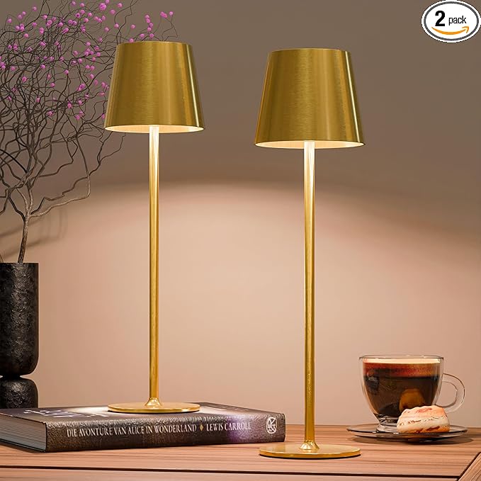 uuffoo 2 Pack Rechargeable Table Lamp Battery Operated Cordless Table Lamps with 3 Colors Stepless Dimming, Desk Night Light for Restaurant, Patio, Bedroom, Bar (Electroplated Gold)