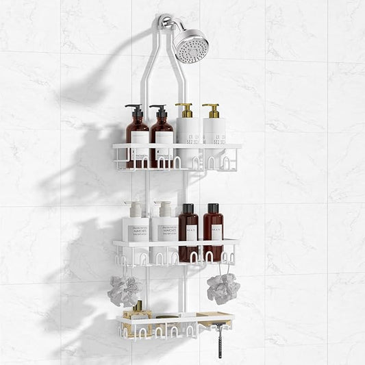 Shower Caddy,Rustproof Shower Shelves Over Shower Head,Extended Length shower rack with Soap HoSlder,White
