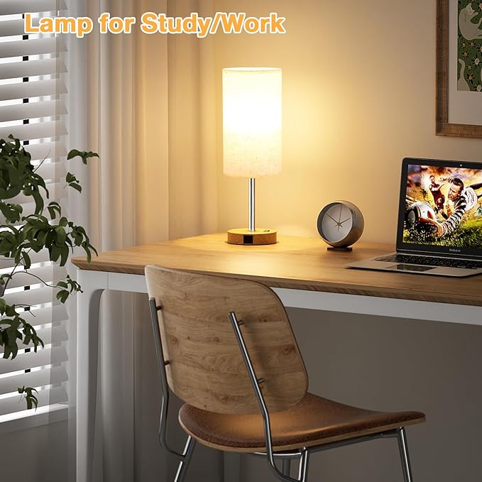 Touch Bedside Table Lamp with USB - 3 Way Dimmable Wood Lamp for Bedroom Nightstand, Desk Lamp with Charging Station for Dorm, Office, Kids Room, Living Room