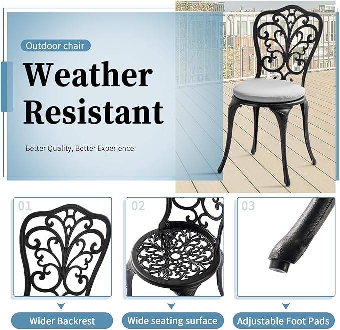 Patio Bistro Set 3 Piece with Cushions, All Weather Bistro Table and Chairs Set of 2 with Umbrella Hole, Outdoor Bistro Set, Cast Aluminum Patio Furniture Set for Garden Porch, Black