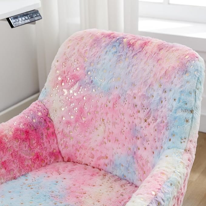 Kids Desk Chair Cute Swivel Reading Chair, Upholstered Adjustable Faux Fur Study Chair with White Wheels for Reading Room Bedroom, Colorful