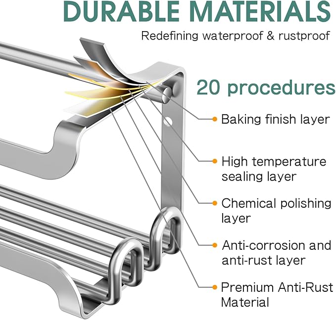 LUCYCAZ 4 Pack Wall Mounted Spice Rack with 16 Hooks, Spice Organizer Shelf for Stove Cabinet Pantry Door,Screw or Adhesive Spice Shelf Hanging Wall Spice Rack in Kitchen and RV (Silver, 4 PACK)