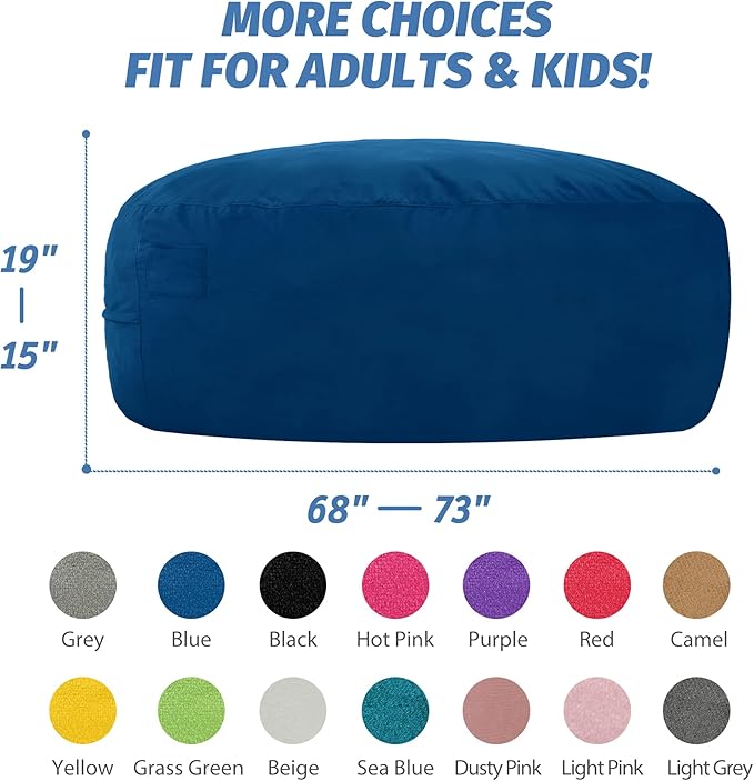 7FT Bean Bag Chair with Ultra Soft Velvet Cover Bean Bag Sofa with Memory Foam Bean Bag Chairs with Large Size Lazy Sofa for Dorm Office Living Room Bedroom Blue 7'