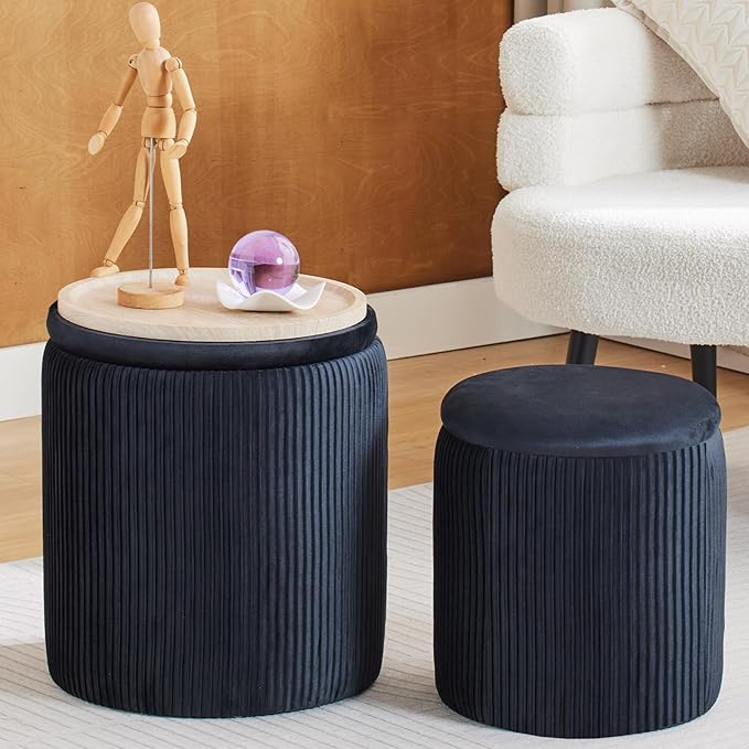 Round Ottoman with Storage Set of 2-Upholstered Sherpa Vanity Stool for Makeup Multifunctional Ottomans Coffee Table Padded Seat Foot Rest (Engineered Wood, Black-Upgrade Taray Lid)