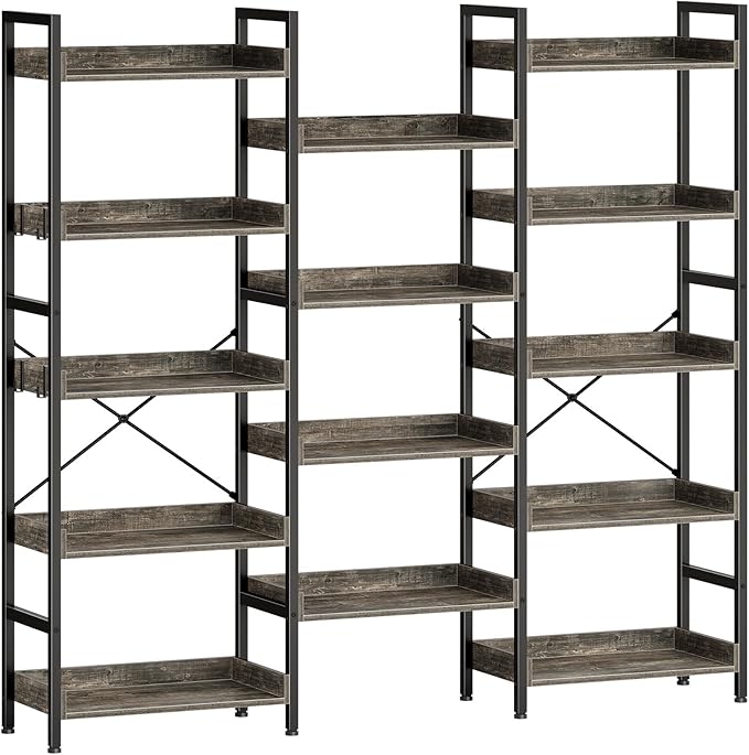 Rolanstar Bookshelf 5 Tiers, Triple Bookcase with Open Display Shelves, Industrial Wide Bookshelf with Metal Frame for Living Room, Office, Grey