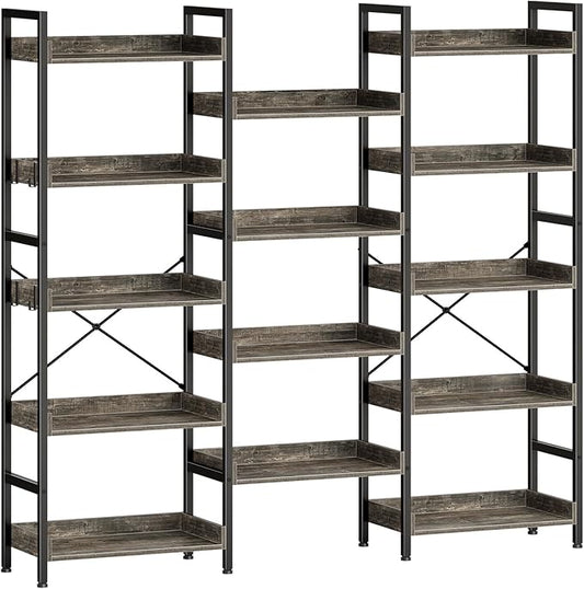 Rolanstar Bookshelf 5 Tiers, Triple Bookcase with Open Display Shelves, Industrial Wide Bookshelf with Metal Frame for Living Room, Office, Grey